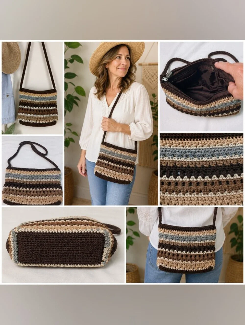 the sak striped crochet knit crossbody shoulder bag brown blue neutral zip